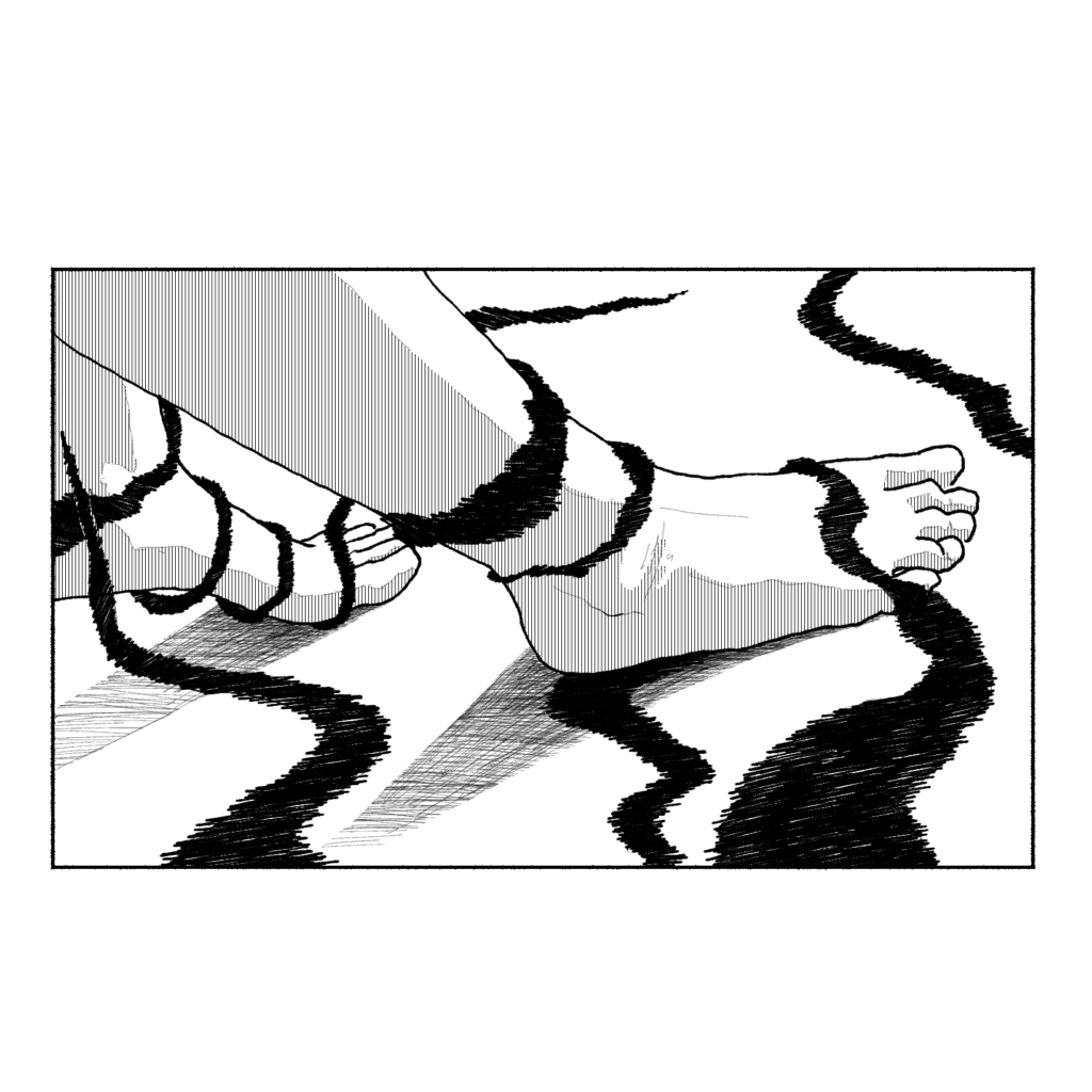 白黒の漫画のような絵です。裸足で歩いている人の両足に黒いものが巻きついています。黒いものは細長くグネグネしていて、細い線が密集したような見た目をしています。
