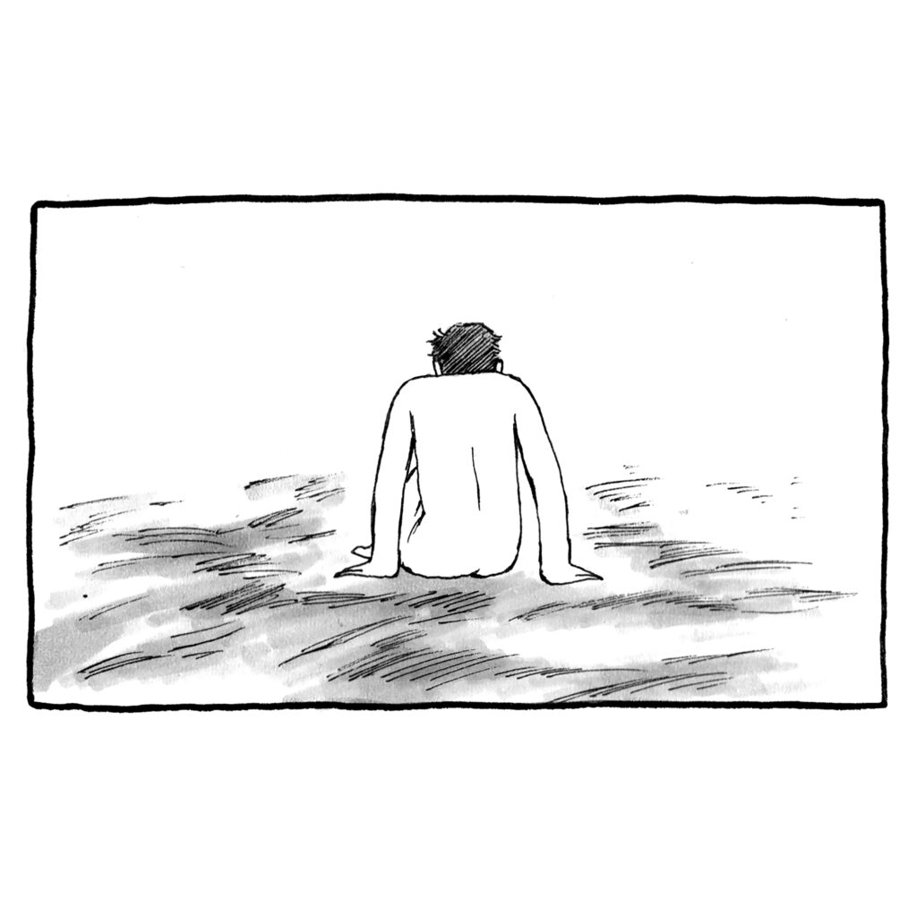 白黒の漫画のような絵です。砂浜か草原のような平たい場所に、裸の人物が一人こちらに背を向けて座っています。その人は短髪で、手の指の先がとんがっています。