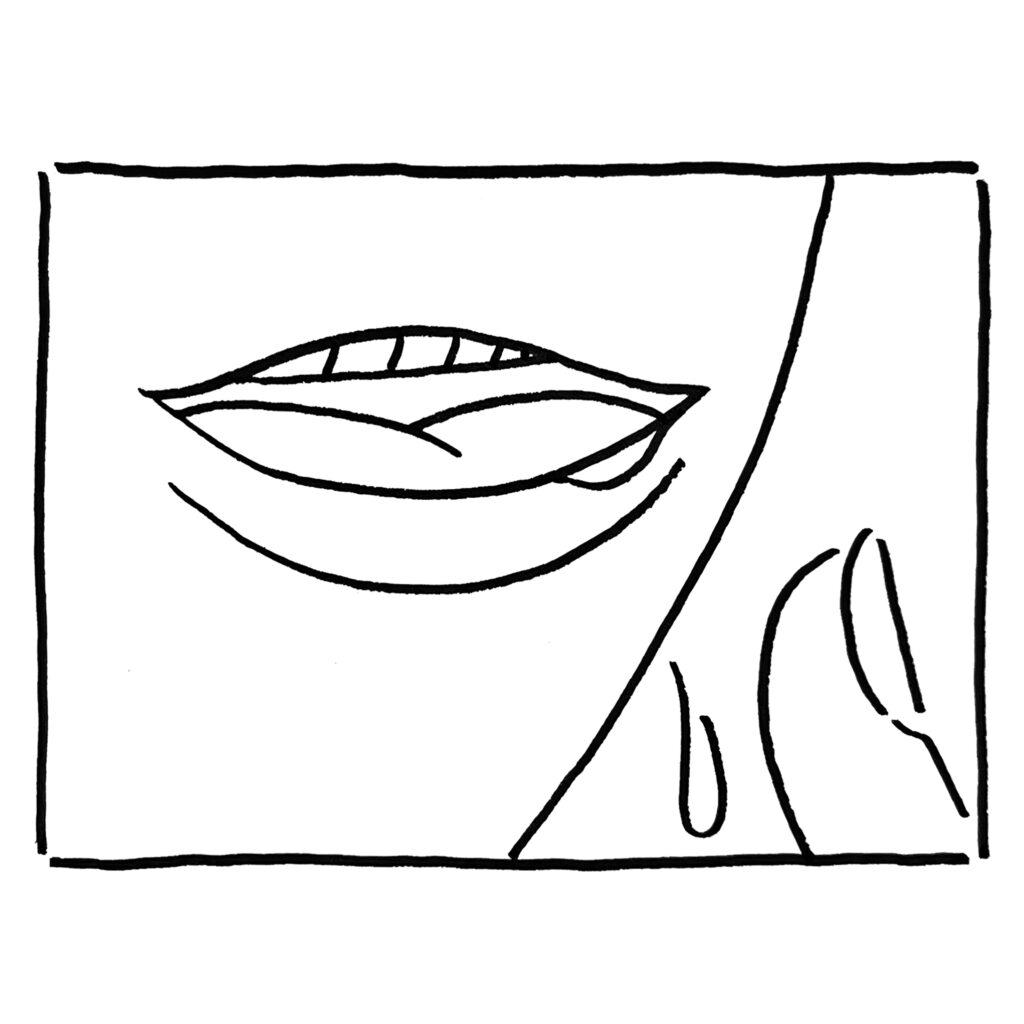 白黒の漫画のような絵です。よだれを垂らした口の前に指があります。口の中には前歯と舌が少し覗いています。指をしゃぶった後のようにも見えます。