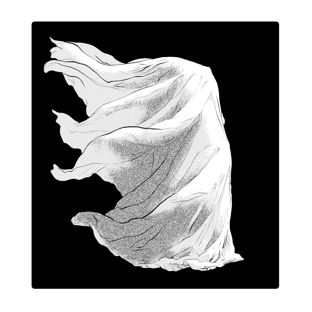 白黒の漫画のような絵です。真っ暗な背景の中に、淡い色の布が浮かんでいます。布は風に煽られて、何か物体にまとわりついているようにも見えます。