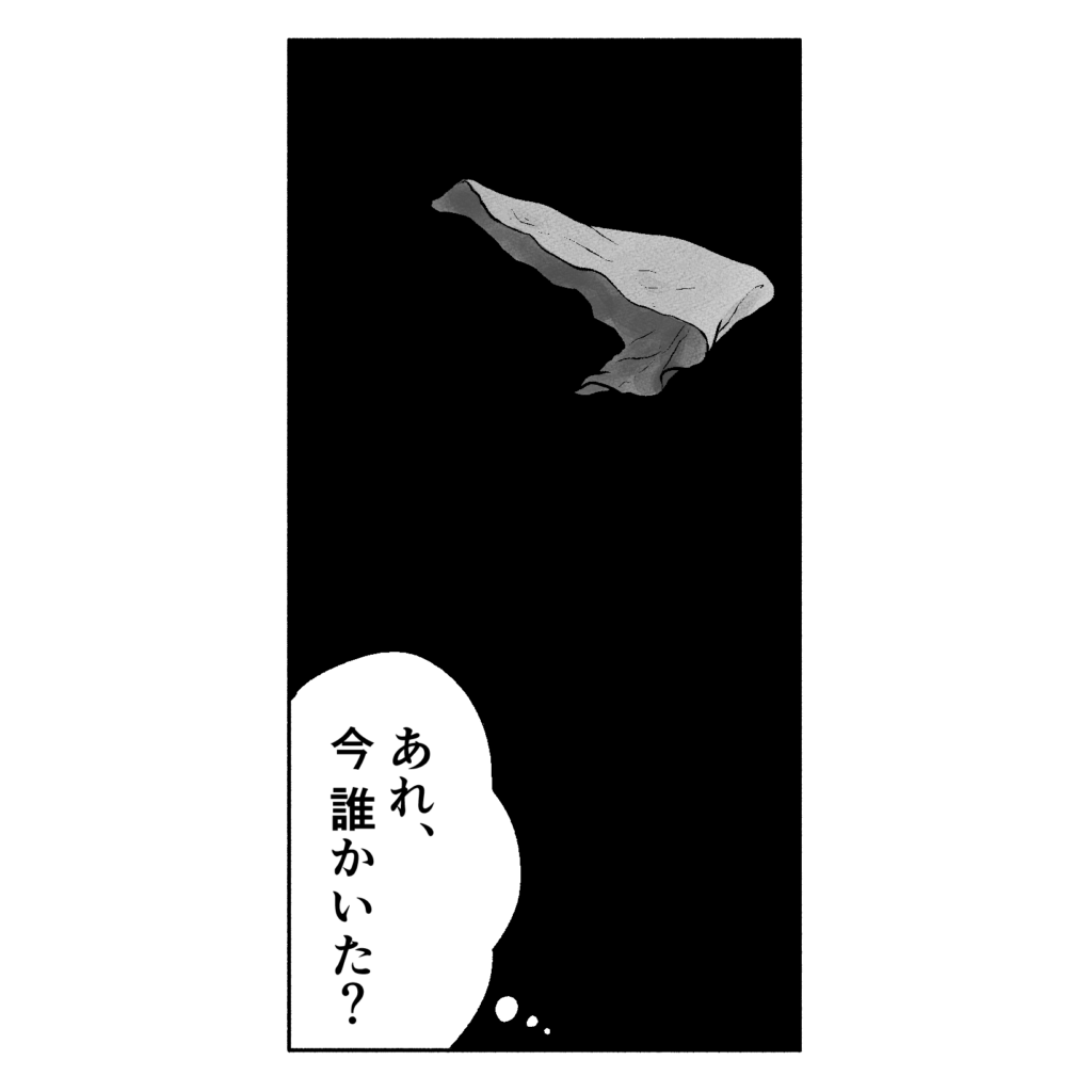 白黒の漫画のような絵です。暗闇の中に、一枚の布が風に吹かれたのか飛んでいます。左下には「あれ、今誰かいた？」という心の声が書かれています。
