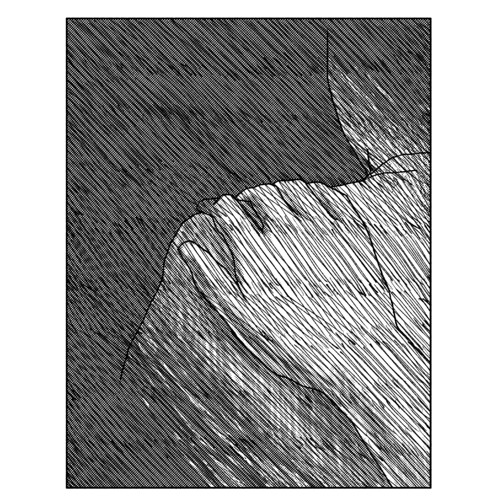 白黒の漫画のような絵です。暗闇の中で、誰かが前の人の肩に手をのせています。前の人は振り返らず、前を向いたまんまです。